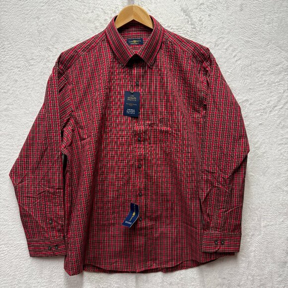 Club Room Button Up Shirt Men 17 Red Plaid Cotton Wrinkle Resistance Regular Fit - Picture 1 of 13